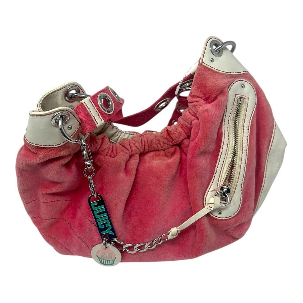 Juicy Couture Pink Velour Hobo Bag Y2K Shoulder Purse Cupcake Charm